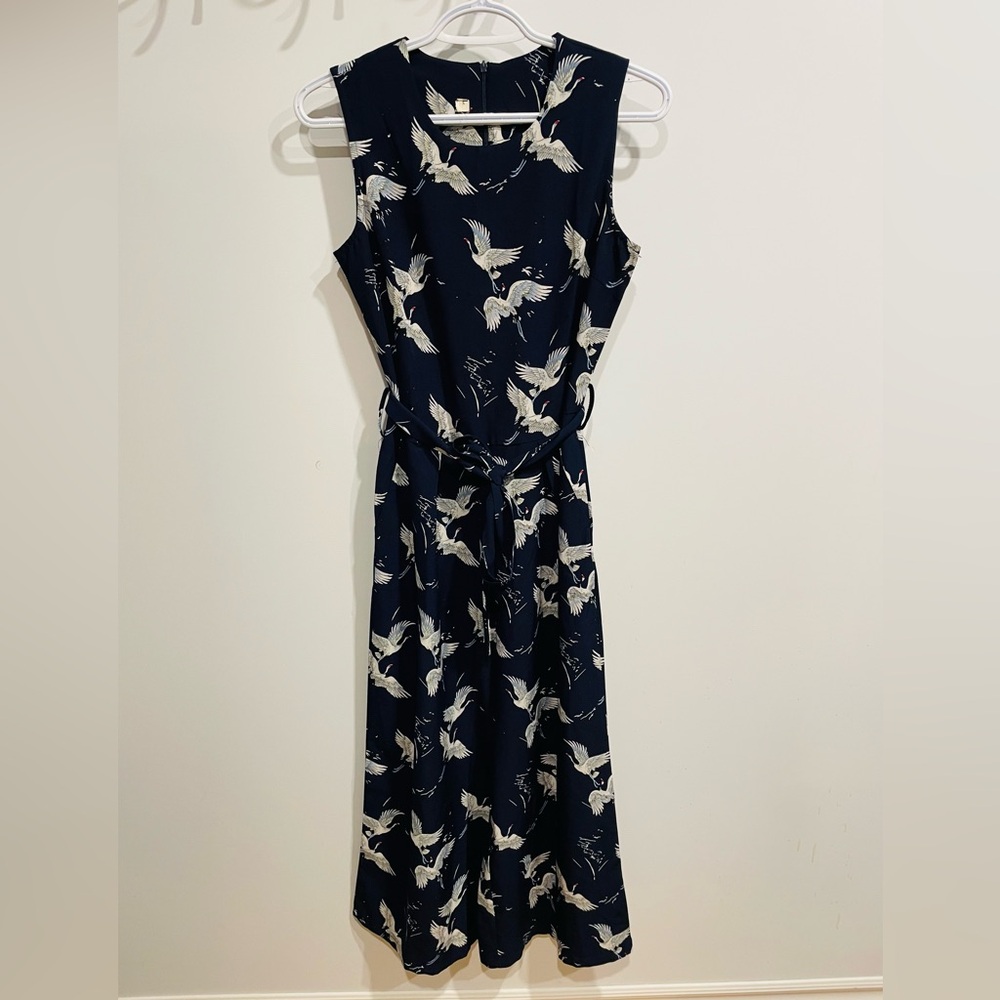 Sleeveless Navy Crane Print Jumpsuit with Waist Tie